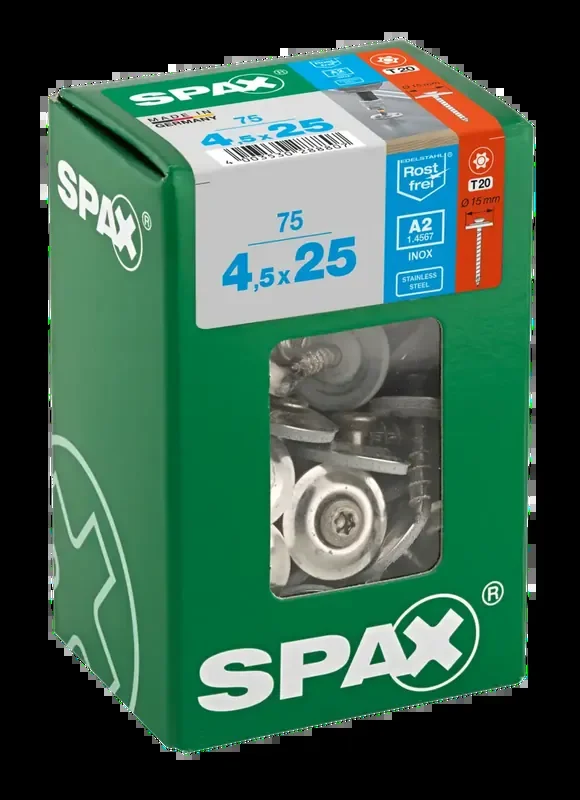 SPAX Spenglerschraube mit Dichtscheibe (Ø 15 mm), Linsensenkkopf, Edelstahl A2, Vollgewinde – 4,5 x 25 mm 75 Stück