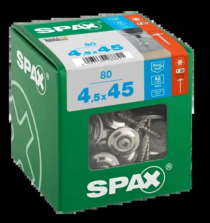 SPAX Spenglerschraube mit Dichtscheibe (Ø 15 mm), Linsensenkkopf, Edelstahl A2, Vollgewinde – 4,5 x 45 mm Großpaket (6×80 Stück)