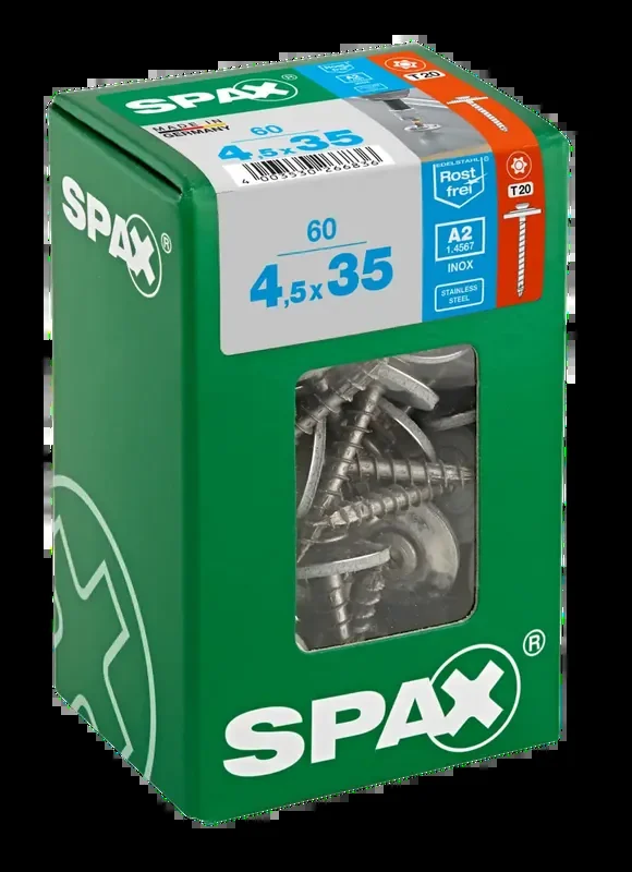 SPAX Spenglerschraube mit Dichtscheibe (Ø 20 mm), Linsensenkkopf, Edelstahl A2, Vollgewinde – 4,5 x 35 mm 60 Stück
