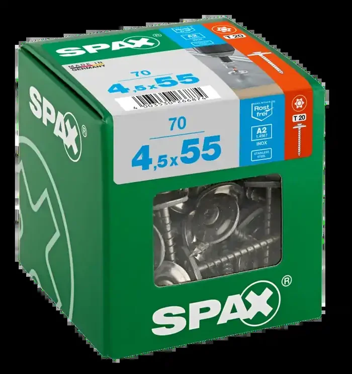 SPAX Spenglerschraube mit Dichtscheibe (Ø 20 mm), Linsensenkkopf, Edelstahl A2, Vollgewinde – 4,5 x 55 mm 70 Stück