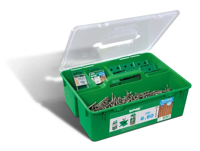 SPAX Terrassenschrauben-Set Zylinderkopf, Fixiergewinde, Edelstahl A4, T-STAR plus – Green Box – 6,0 x 60 mm Green Box
